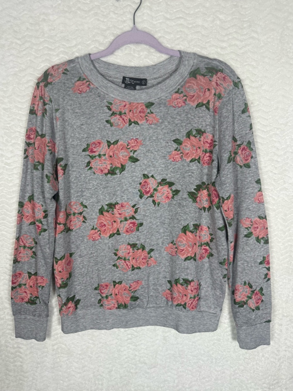 Miss Chievous Gray Crewneck Sweater with Pink Rose Print